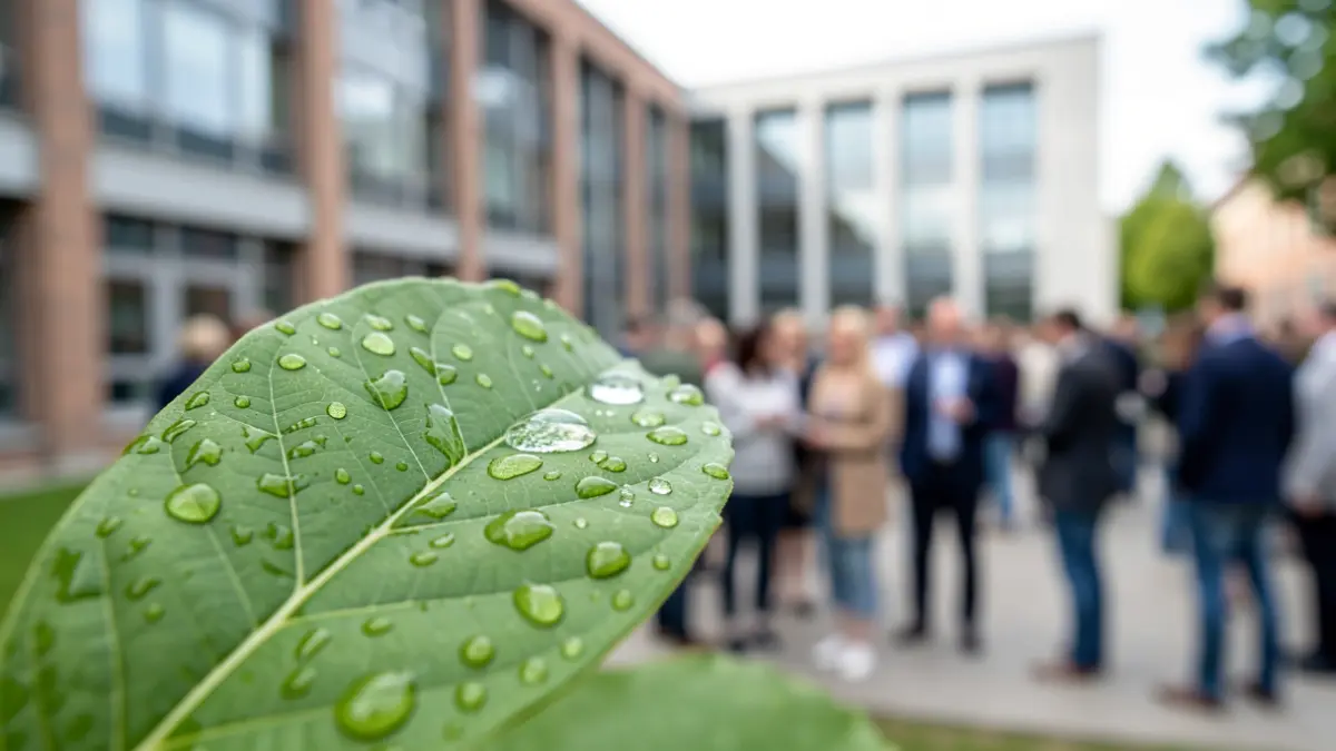 Primer plano de una hoja verde con gotas de agua, simbolizando la sostenibilidad y la conciencia ambiental.