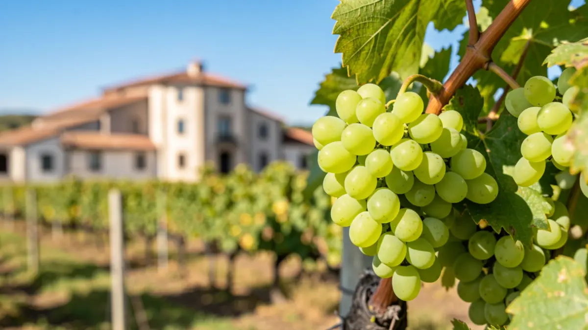 Imagen genérica de uvas verdes maduras en una vid, con bodega y viñedo al fondo.