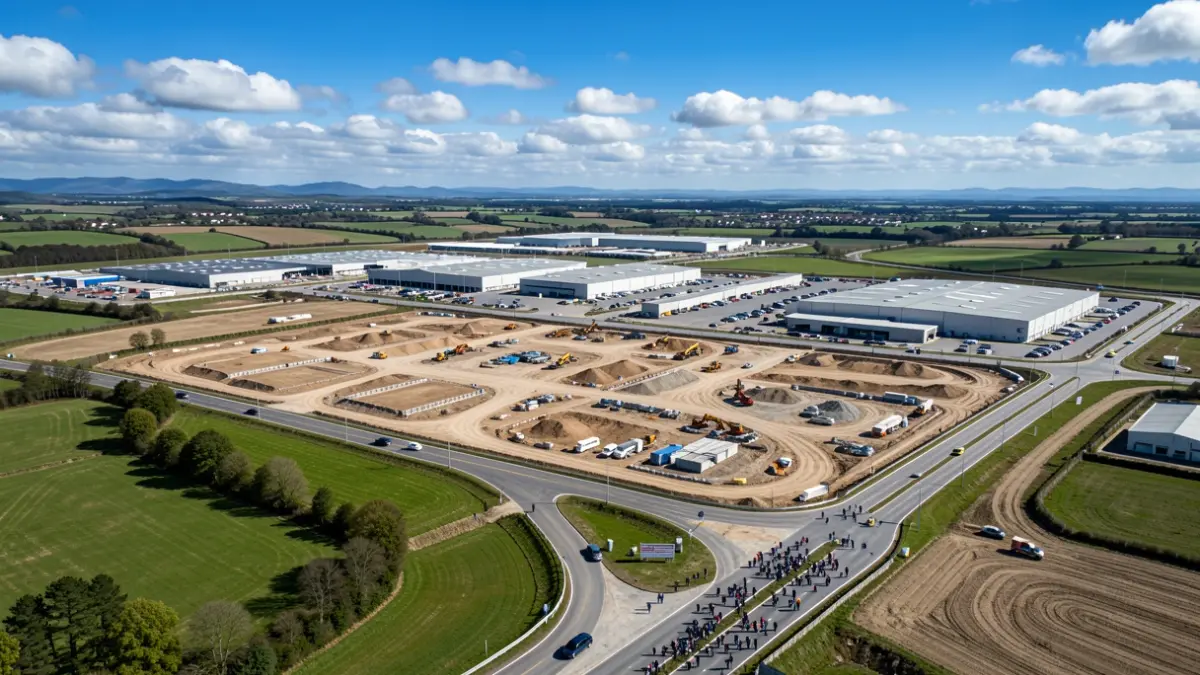 Imagen aérea de un parque empresarial en desarrollo en Galicia.