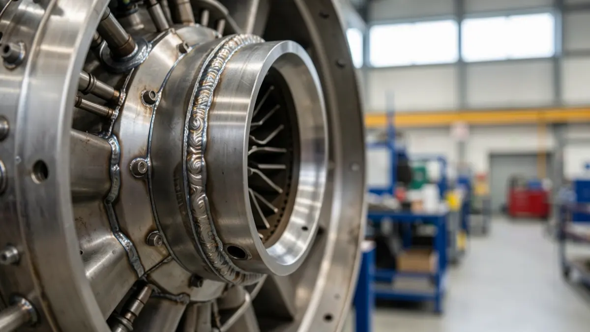 Primer plano de componentes metálicos complejos para motores de aviones, mostrando soldadura detallada y trabajo de chapa, con un sutil indicio de una fábrica al fondo.