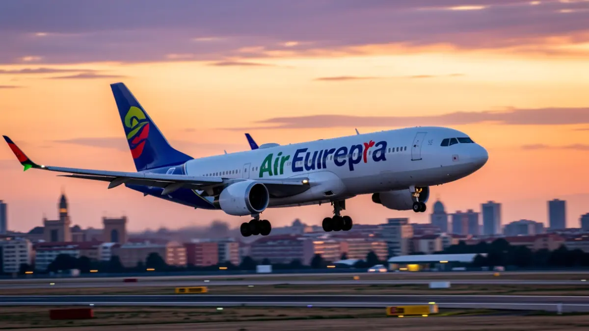 Air Europa airplane taking off at sunset with the Madrid skyline in the background.