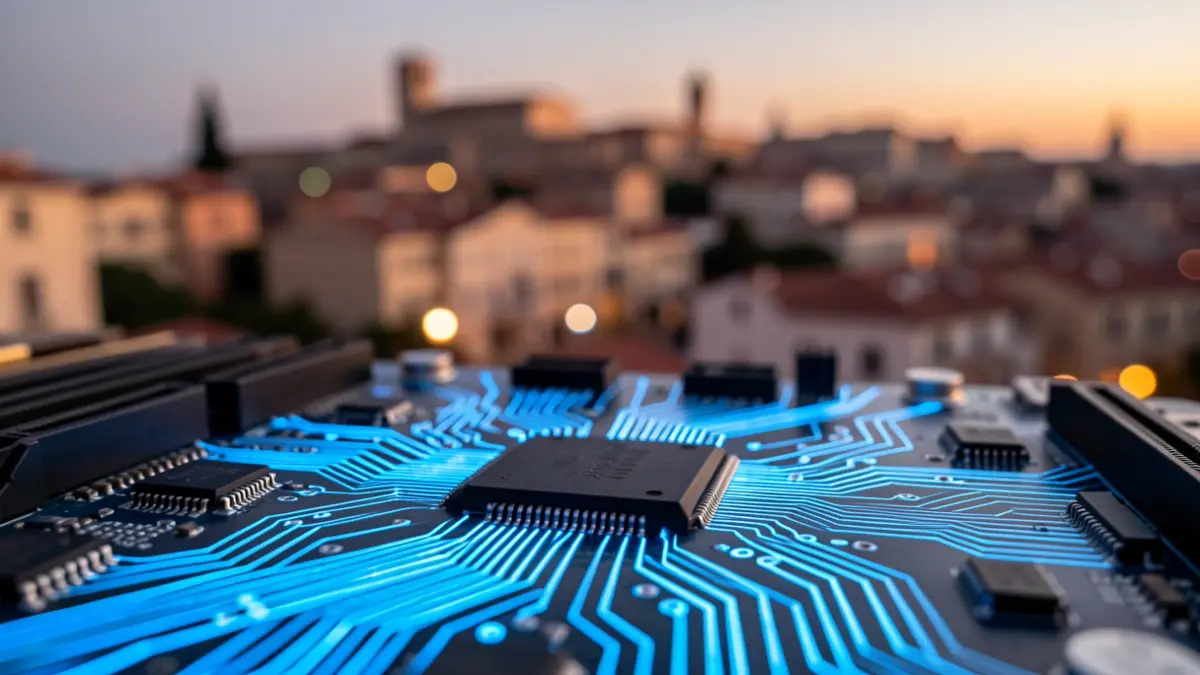 Imagen genérica de circuitos electrónicos y un paisaje urbano al atardecer.