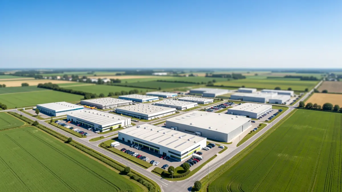 Imagen genérica de un parque empresarial con edificios y campos alrededor.