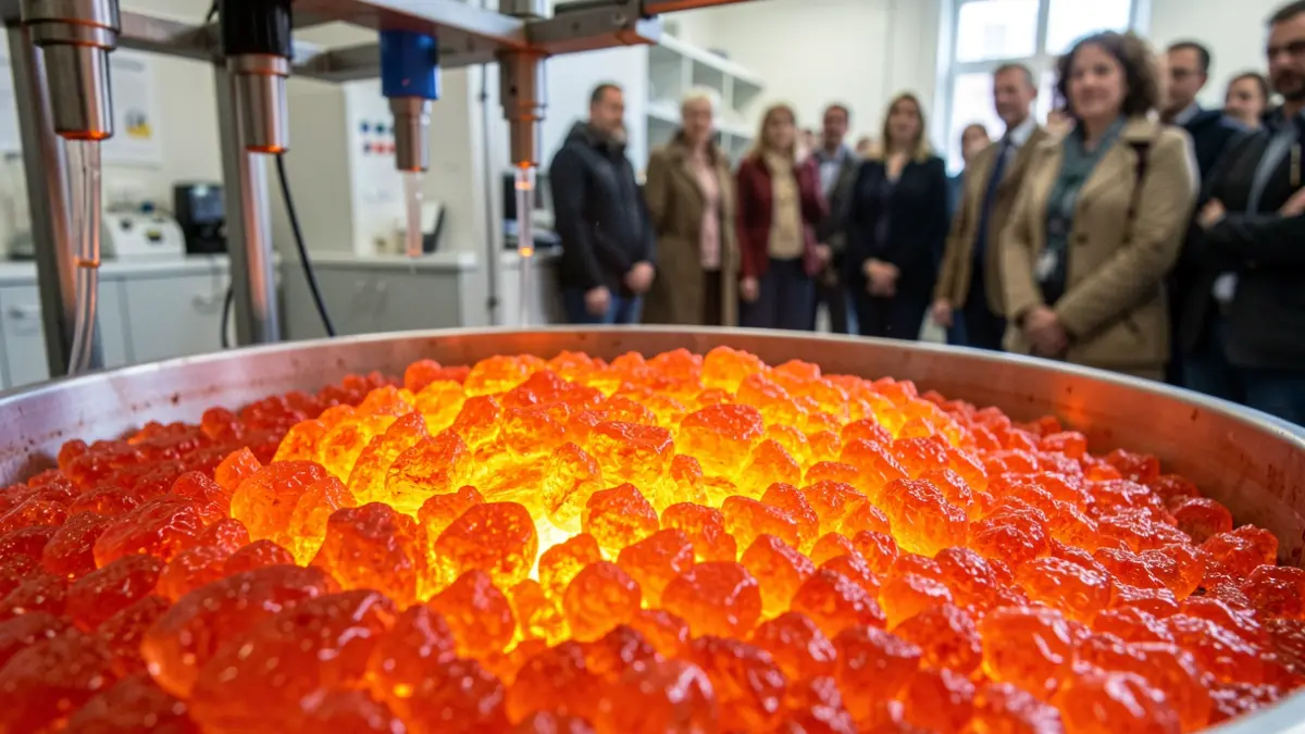 Primer plano de sal fundida en un laboratorio, brillando por el calor, con emisores de microondas visibles al fondo.
