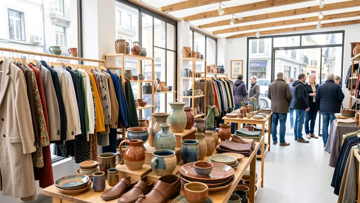Imagen de una tienda efímera en Galicia con moda contemporánea y artesanía tradicional.