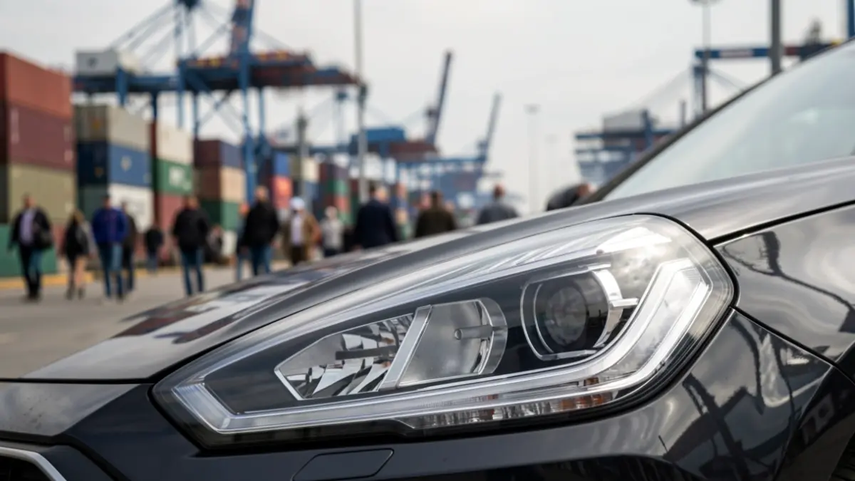 Primeira plana dun coche moderno cun porto borroso ao fondo.