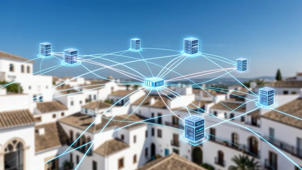 Abstract representation of data integration and analysis with technological elements and an Andalusian landscape.