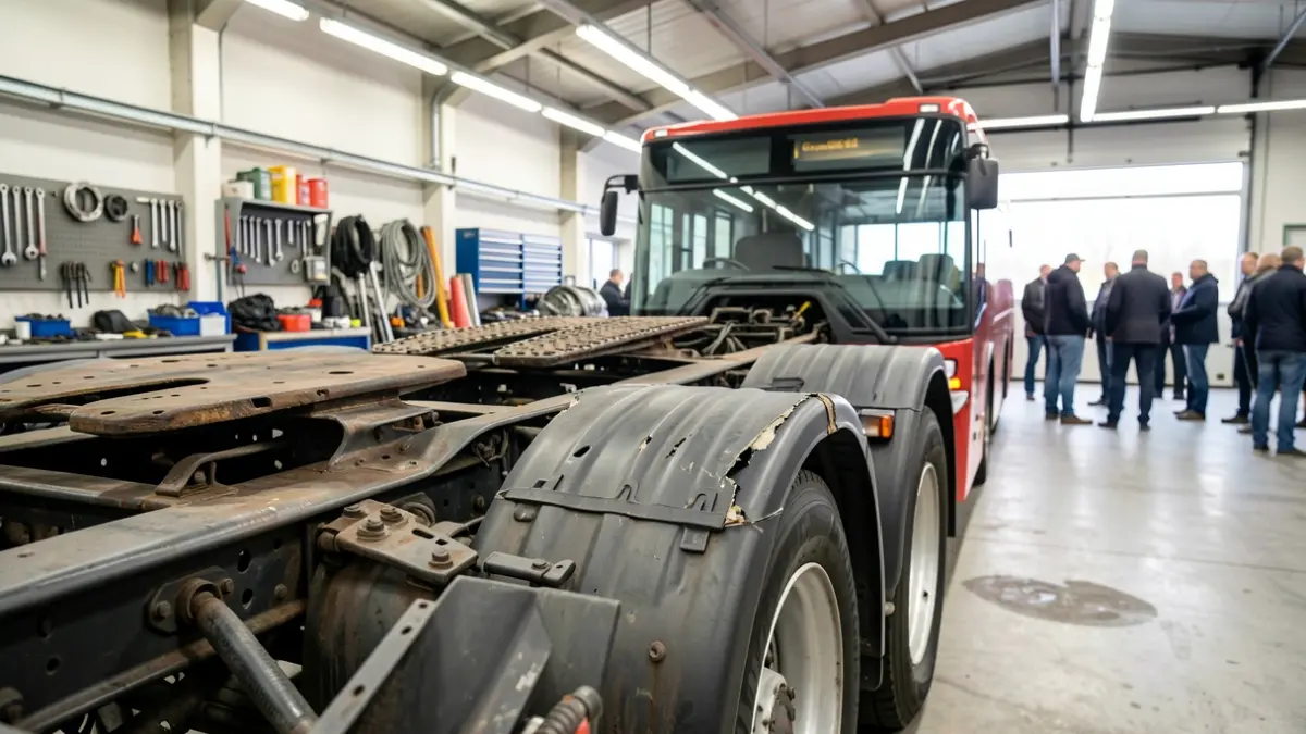 Primer plano del chasis de un autobús articulado con daños en la carrocería en un taller industrial.