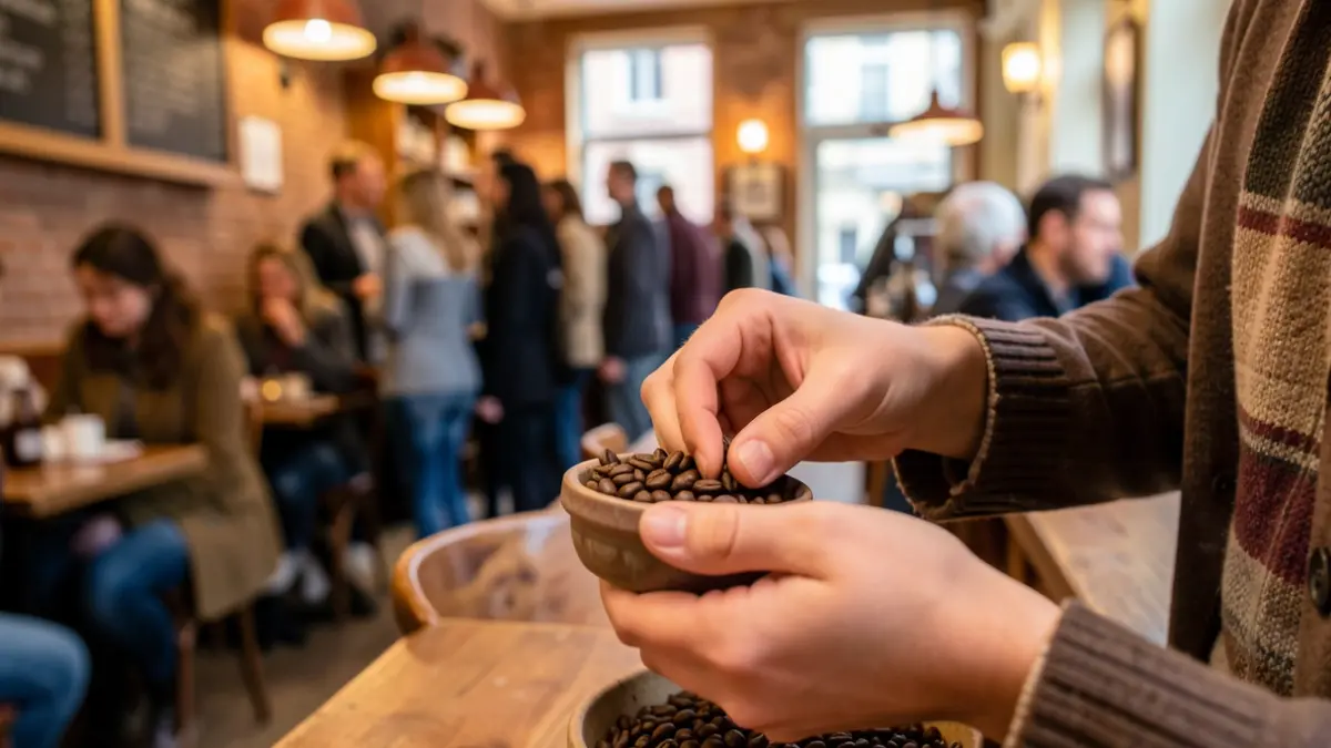 Primer plano de manos colocando granos de café artesanal, con un interior de cafetería acogedor y luz cálida al fondo.