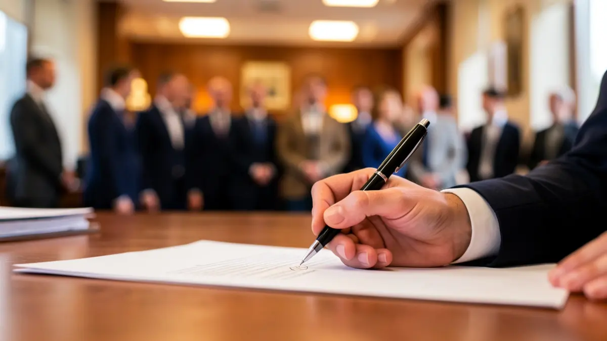 Mano firmando un documento en un escritorio.