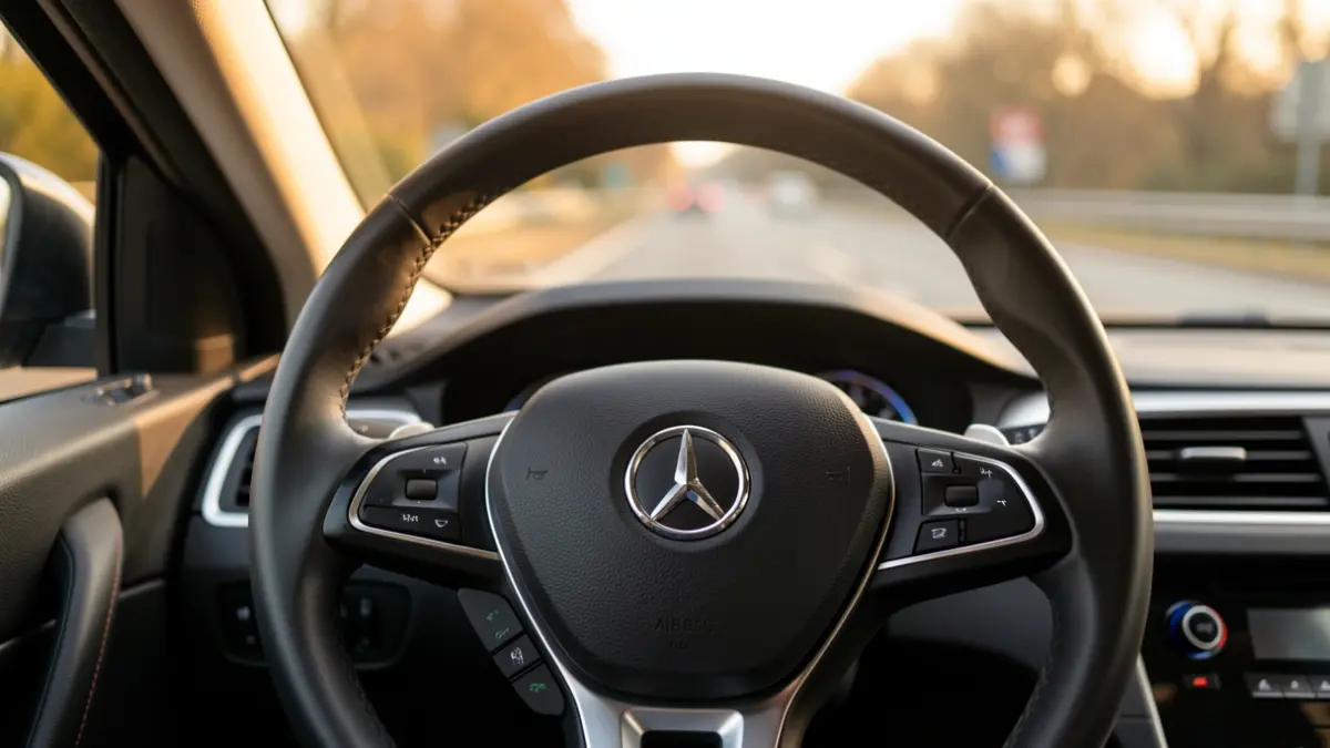 Generic image of a steering wheel in an autonomous vehicle.