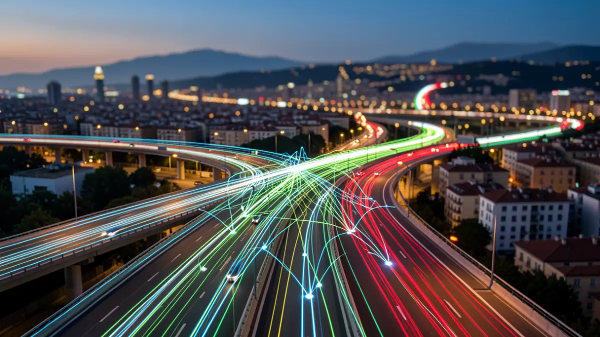 Visualización de un gemelo digital de la red vial de Barcelona con datos de tráfico en tiempo real.