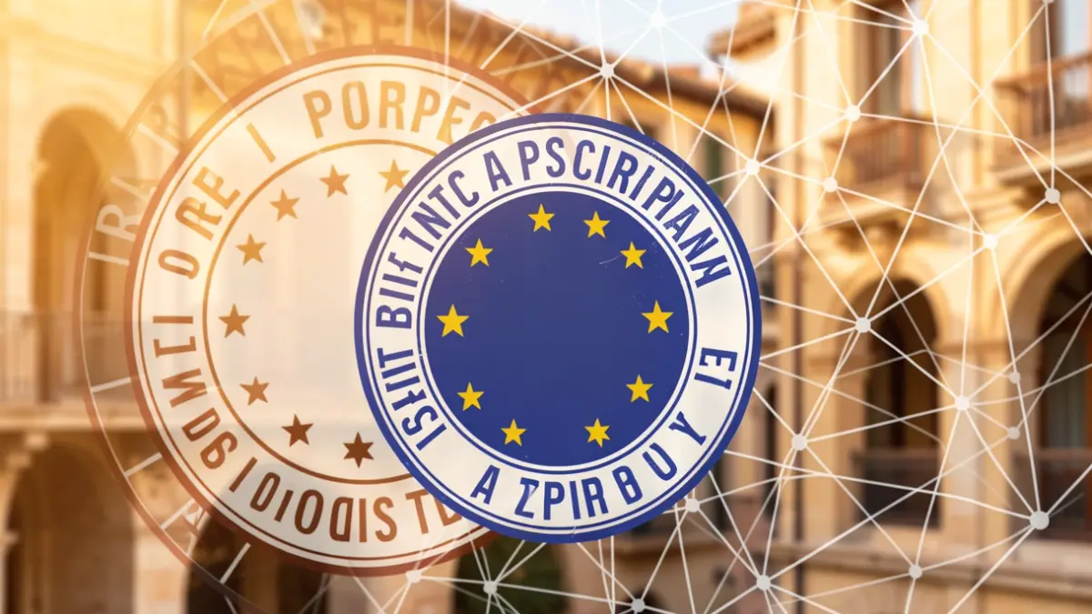 European Union approval stamp over an abstract AI neural network design.