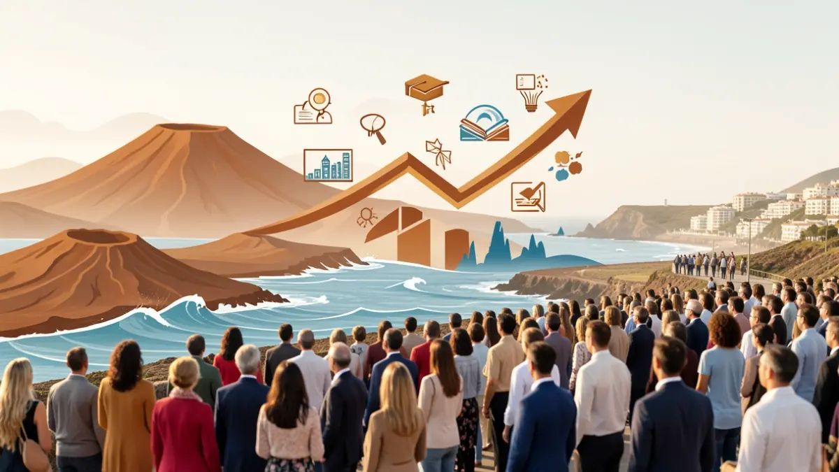 Imagen abstracta de crecimiento empresarial y educación en Canarias, con elementos volcánicos y oceánicos.
