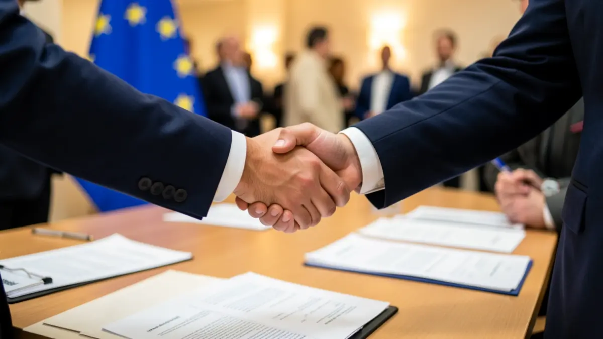 Generic image of a business handshake with the European Union flag in the background.