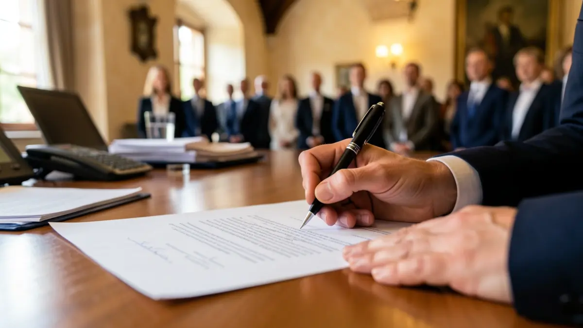 Imagen genérica de una mano firmando un documento en un entorno profesional.