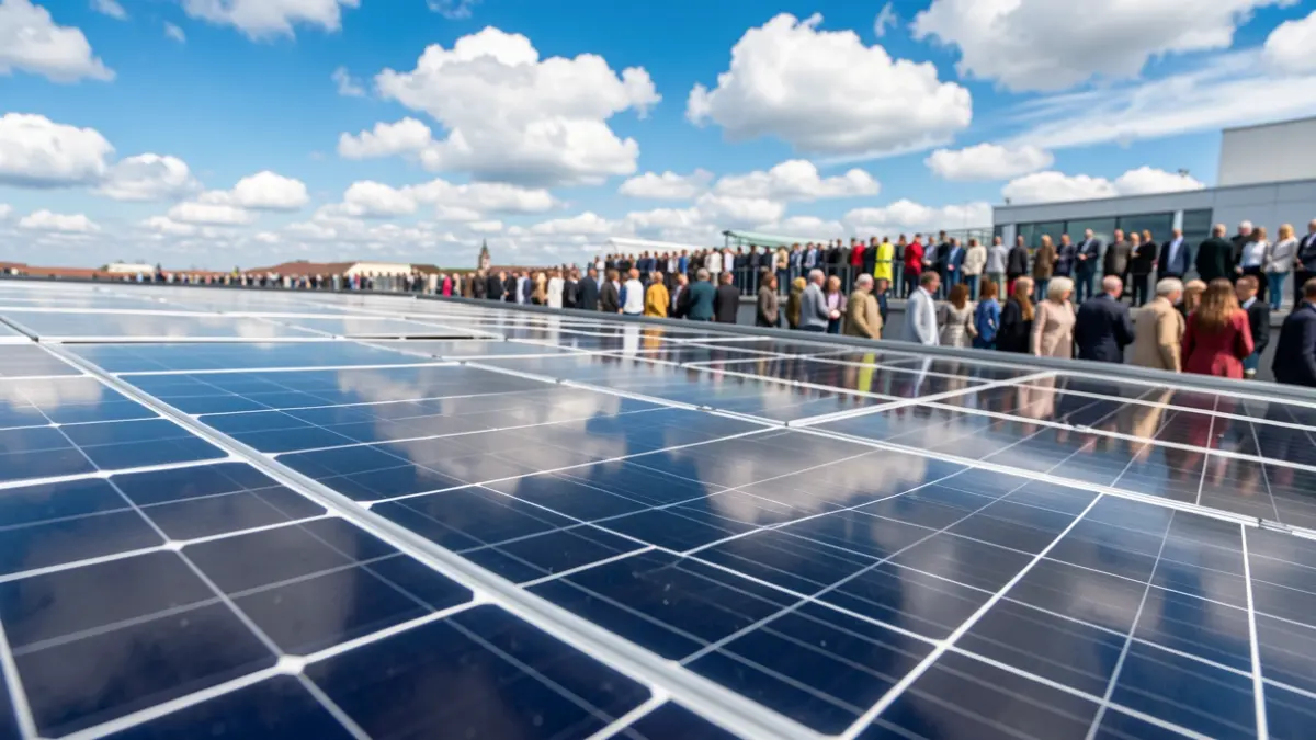 Solar photovoltaic panels on a rooftop, reflecting the blue sky.
