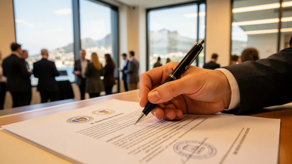 Imagen genérica de un documento oficial y una mano a punto de firmar, con un paisaje de Canarias al fondo.
