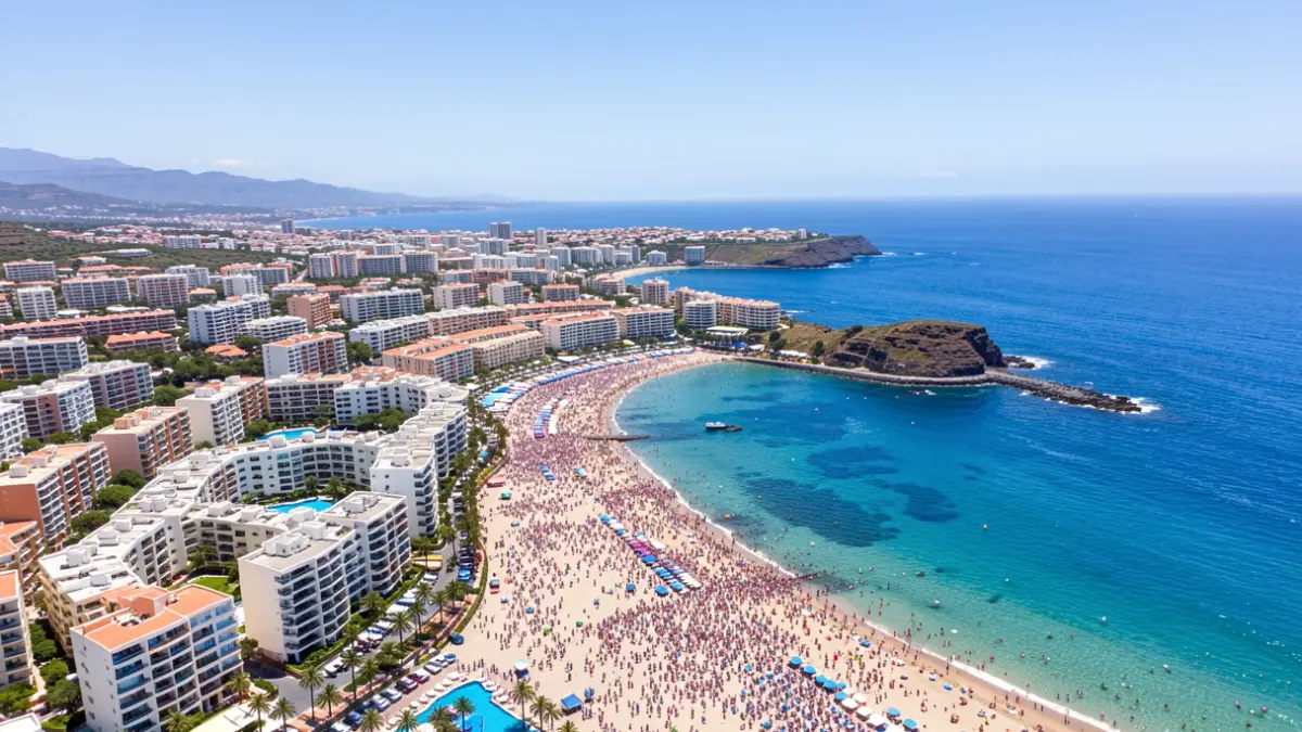 Vista aérea de la costa turística de Canarias con edificios de apartamentos.