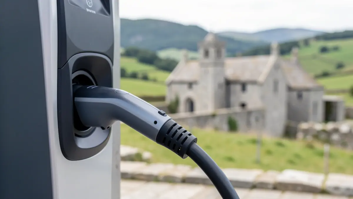Imaxe xenérica dun coche eléctrico cargando nun punto de recarga con paisaxe galega de fondo.