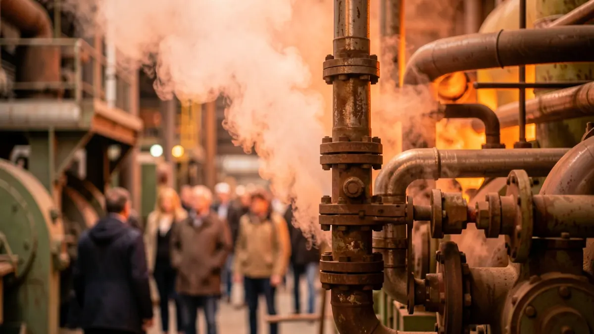 Imagen genérica de tuberías industriales emitiendo vapor, representando calor residual.