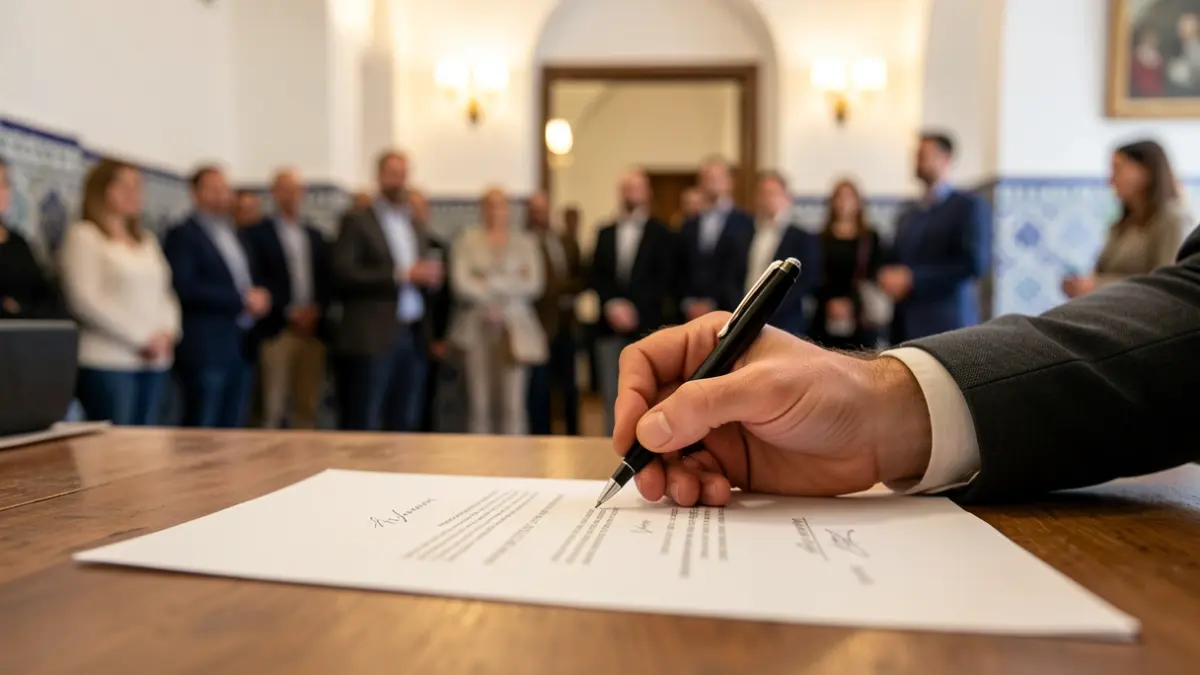 Generic image of a hand signing a contract on a desk.