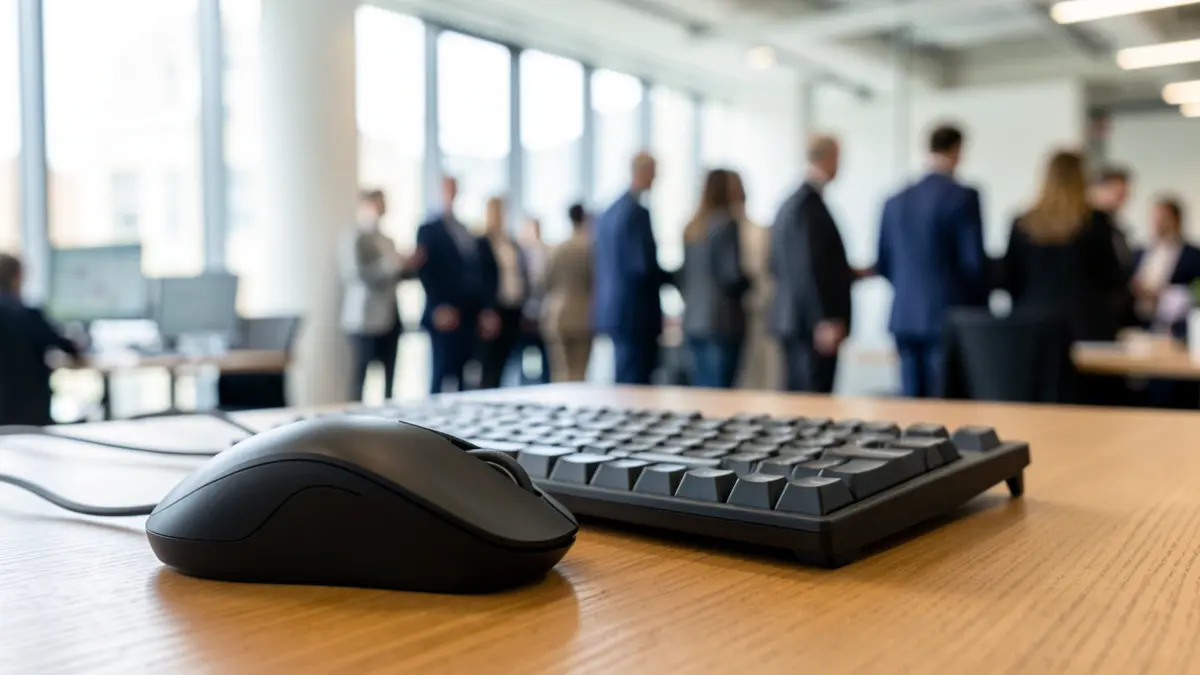 Imagen genérica de un ratón y teclado de ordenador sobre una mesa de madera.