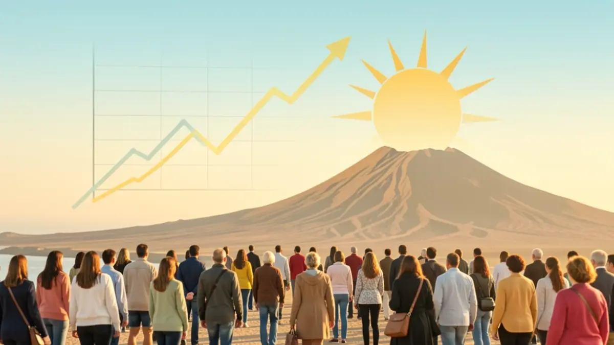 Gráfico abstracto de confianza del consumidor en Canarias con elementos de datos y paisaje volcánico.