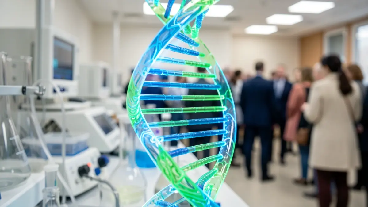 Imagen genérica de una hélice de ADN con fondo de laboratorio.