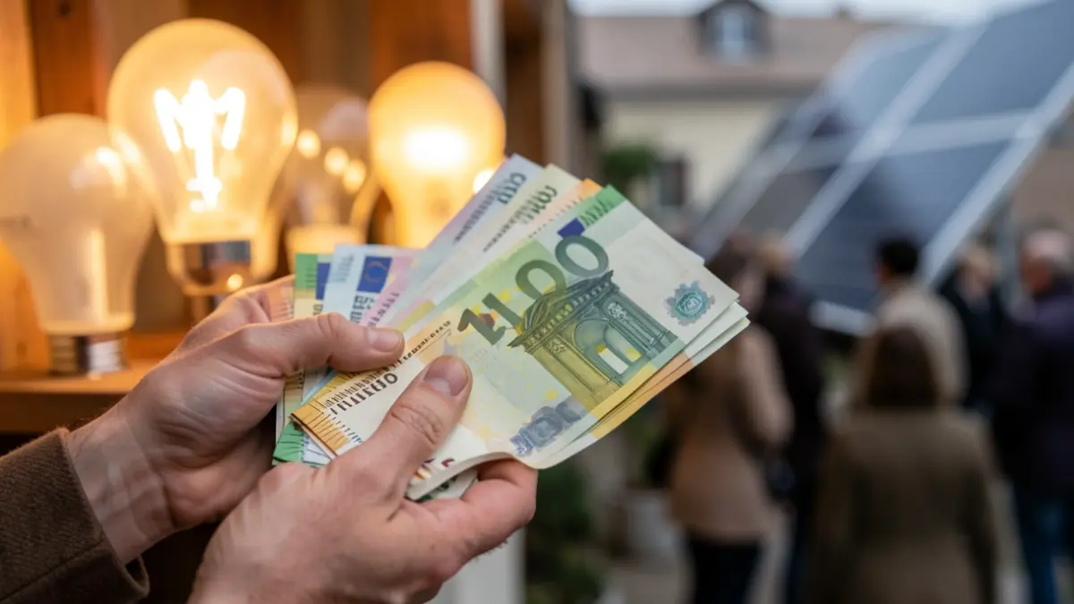 Hands holding euro banknotes with blurred energy-efficient light bulbs and solar panels in the background.