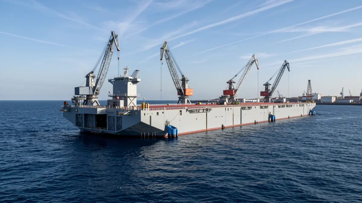 Generic image of a floating dry dock at sea near a port.