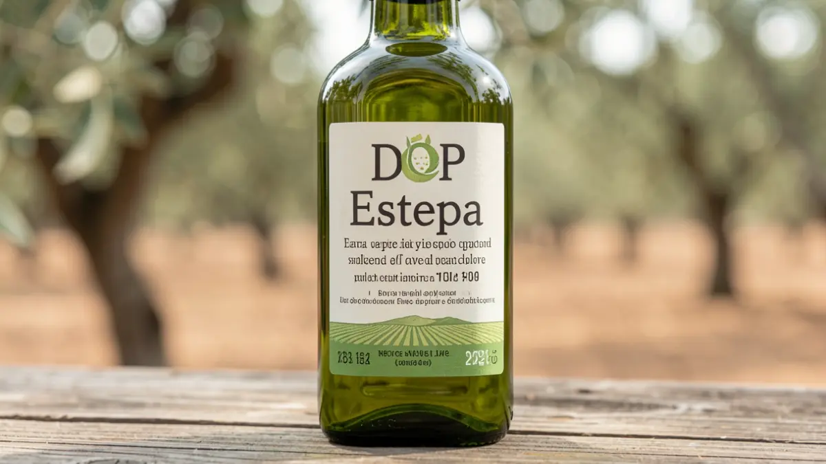 Bottle of Extra Virgin Olive Oil with DOP Estepa seal.