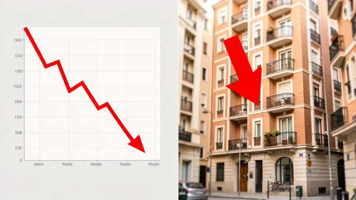 Gráfico de caída de precios de alquiler y edificio residencial con flecha descendente.