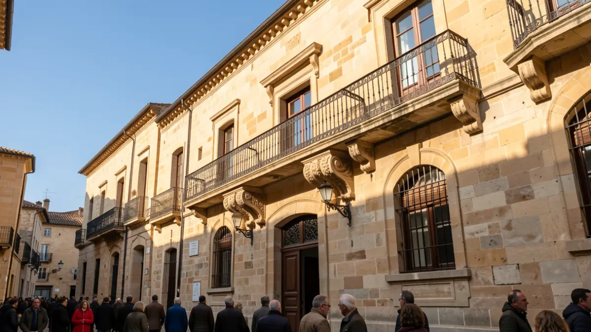 Fachada de un ayuntamiento tradicional de Canarias con balcón y barandillas de hierro, luz cálida de la tarde.