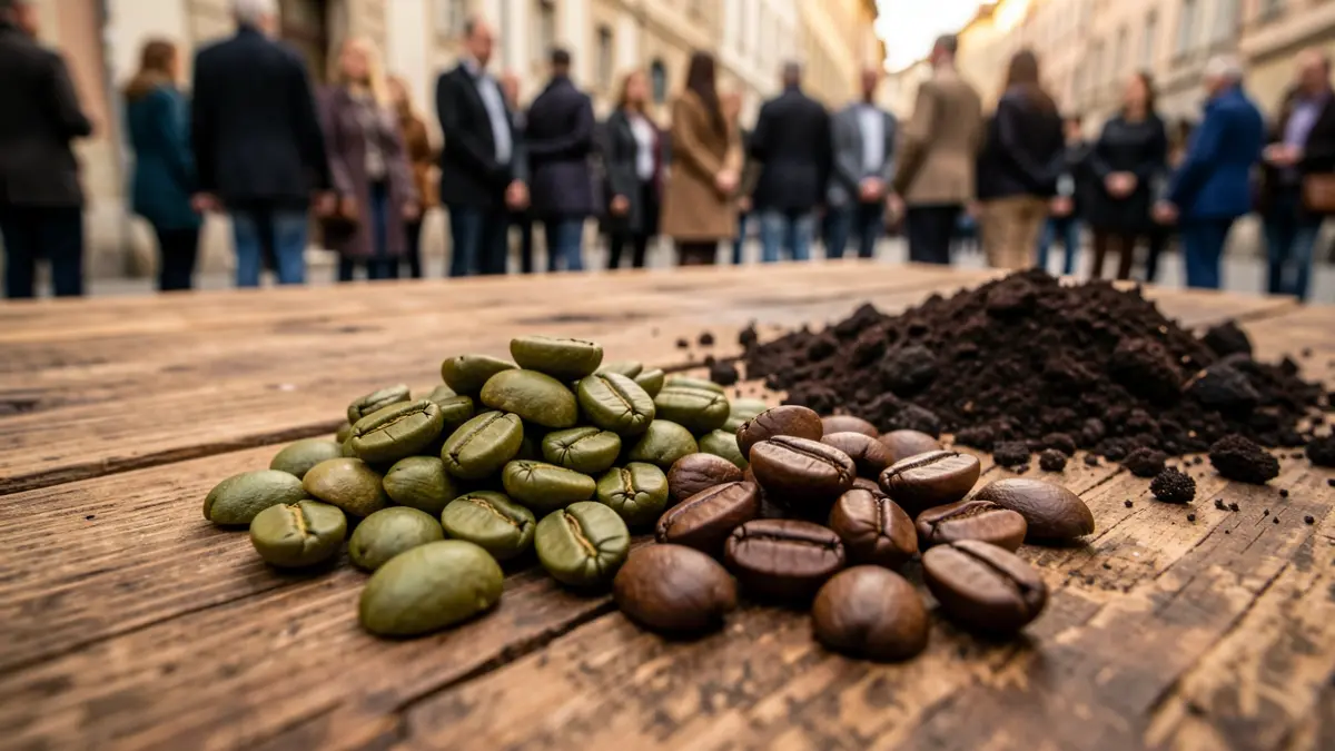 Green and roasted coffee beans on a rustic wooden surface.
