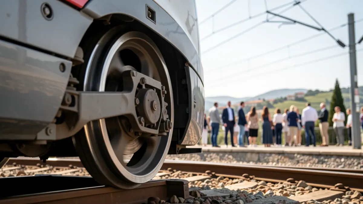 Primer plano de la rueda de un tren eléctrico en la vía, con líneas eléctricas aéreas borrosas y un paisaje mediterráneo al fondo.