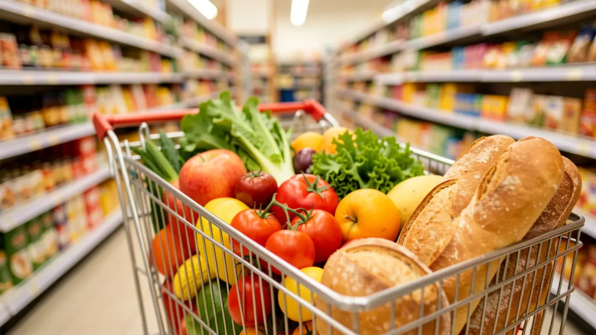 Generic image of a shopping cart full of fresh products in a supermarket.