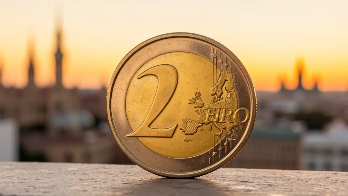 Primer plano de una moneda de euro española con el perfil de Madrid desenfocado al atardecer.