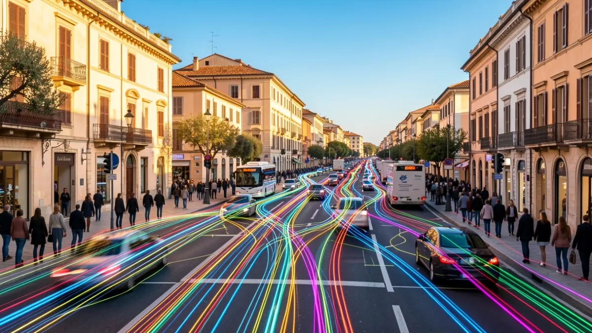Visualization of a digital twin of a road network with real-time traffic flow.