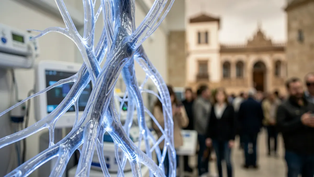 Estructura de vena bio-ingenierizada con luz azul suave y detalles arquitectónicos andaluces de fondo.