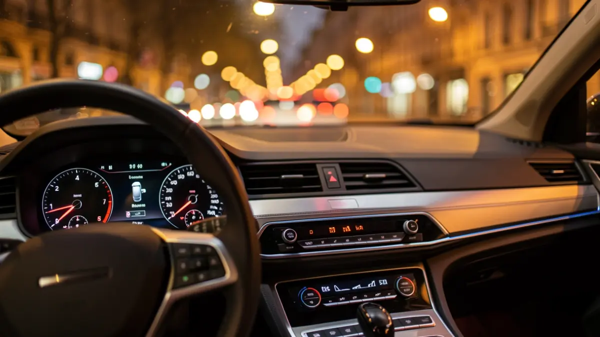 Generic image of a modern vehicle interior with blurred city lights.