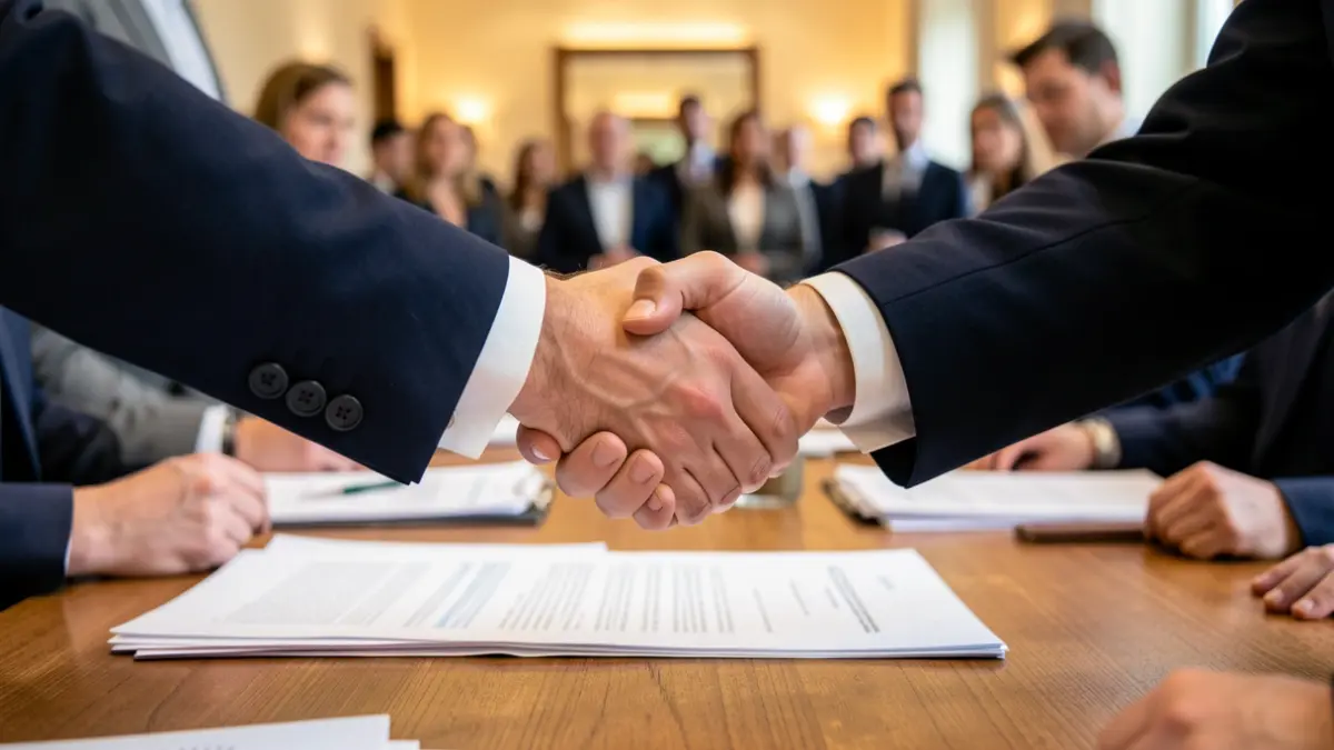Generic image of two people shaking hands over a work desk.
