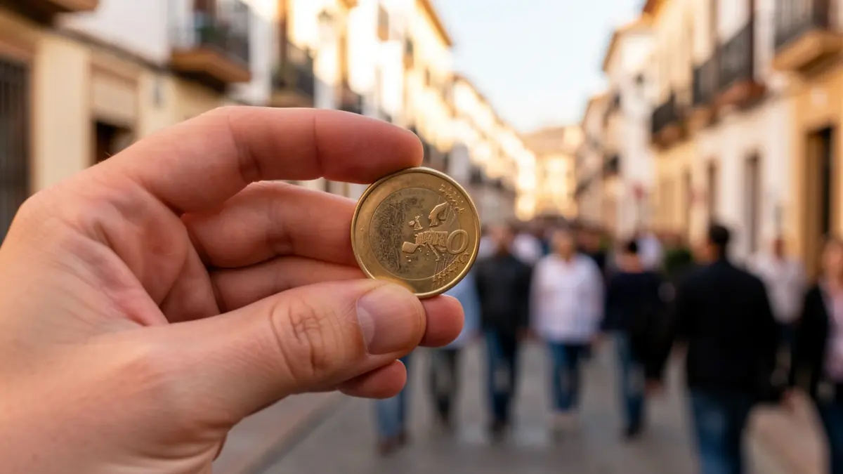 Imagen genérica de una mano sosteniendo una moneda de euro con un fondo urbano andaluz.