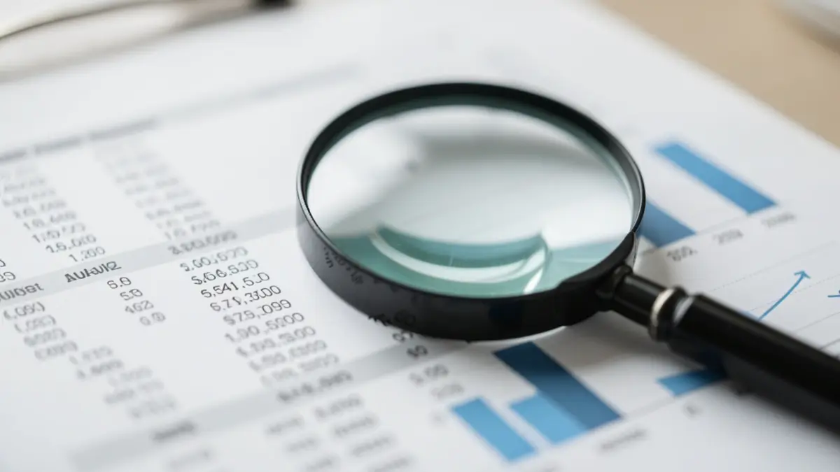Financial audit report with a magnifying glass, indicating economic doubts.