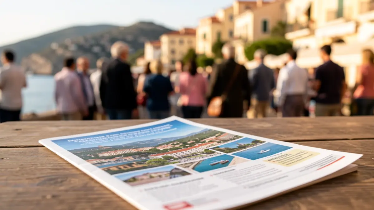 Imagen genérica de un folleto de viajes sobre una mesa con un fondo desenfocado de una ciudad mediterránea.