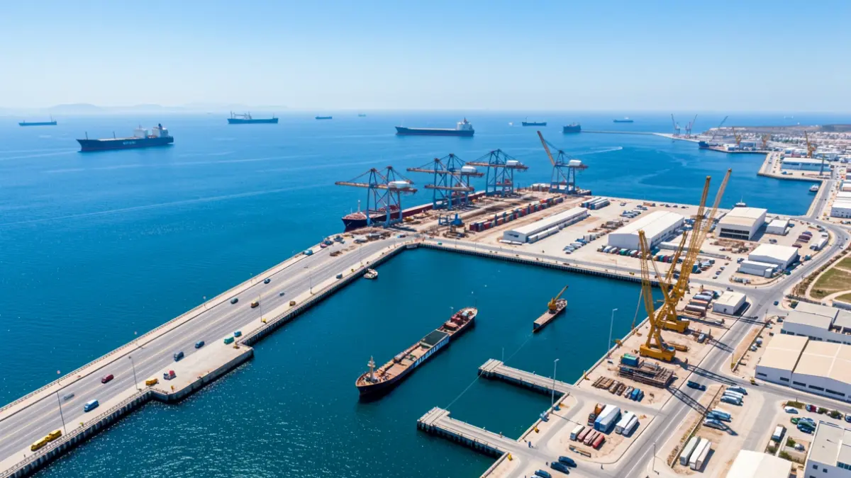 Aerial view of the Port of Almería showing the Pechina pier extension.