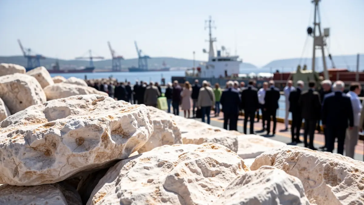 Primer plano de rocas de yeso y carga mineral en la cubierta de un barco, con la silueta borrosa de un puerto mediterráneo al fondo bajo un cielo claro y brillante.