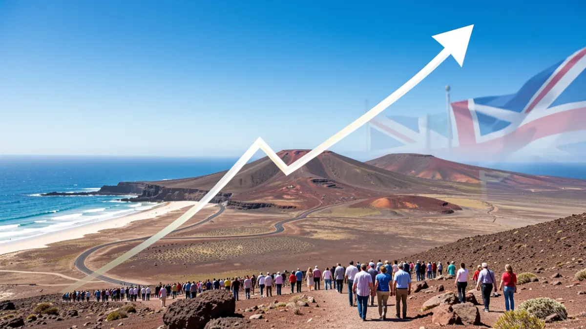 Gráfico de crecimiento económico turístico sobre paisaje volcánico de Fuerteventura con elementos abstractos.