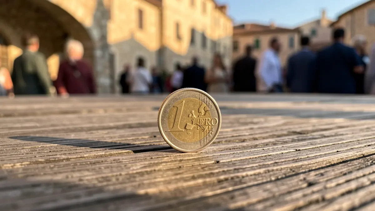 Imagen genérica de una moneda de euro sobre una mesa de madera con arquitectura andaluza desenfocada al fondo.