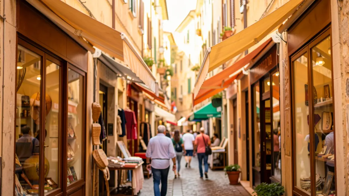 Imagen genérica de una calle comercial con tiendas en una ciudad mediterránea.